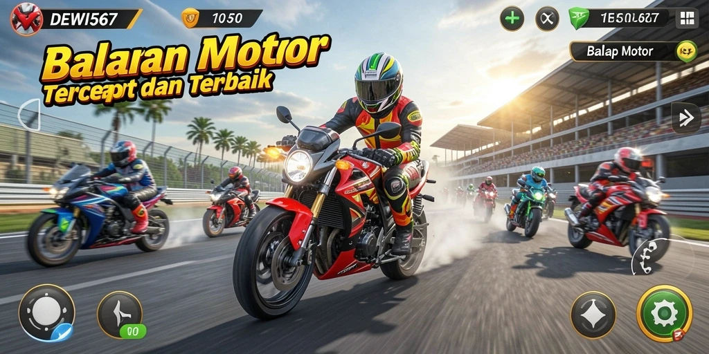 Screenshot antarmuka DEWI567 menampilkan aksi balap motor yang mendebarkan.