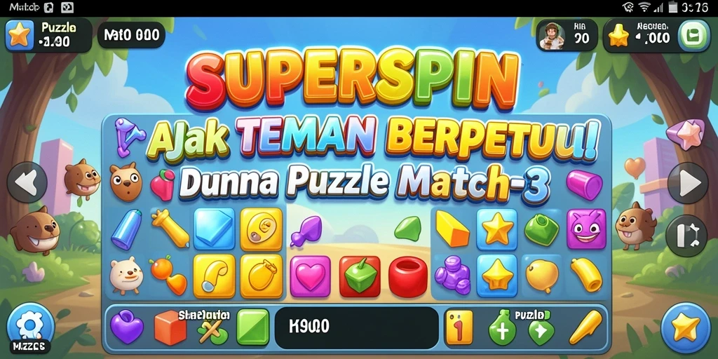 Antarmuka menarik dari game Puzzle Match-3 SUPERSPIN yang penuh warna.